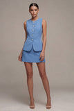 Steel Blue 2 Piece Round Neck Short Single Breasted Work Dress