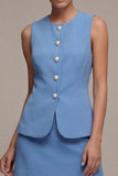 Steel Blue 2 Piece Round Neck Short Single Breasted Work Dress