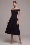 Off the Shoulder A Line Simple Midi Black Dress
