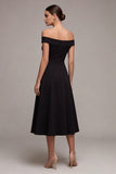 Off the Shoulder A Line Simple Midi Black Dress