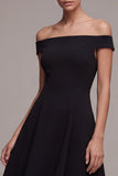 Off the Shoulder A Line Simple Midi Black Dress