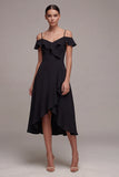 Black Cold Shoulder A Line High Low Cocktail Dress with Ruffles