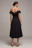 Black Cold Shoulder A Line High Low Cocktail Dress with Ruffles