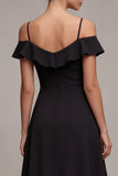 Black Cold Shoulder A Line High Low Cocktail Dress with Ruffles
