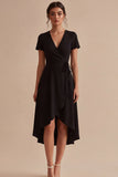 Black A Line Short Sleeves High Low Cocktail Dress with Pockets