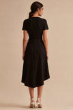 Black A Line Short Sleeves High Low Cocktail Dress with Pockets