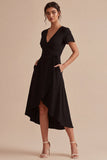 Black A Line Short Sleeves High Low Cocktail Dress with Pockets