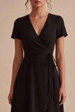 Black A Line Short Sleeves High Low Cocktail Dress with Pockets