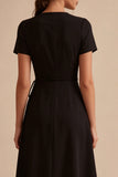 Black A Line Short Sleeves High Low Cocktail Dress with Pockets