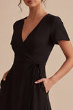 Black A Line Short Sleeves High Low Cocktail Dress with Pockets