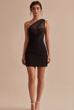 One Shoulder Bodycon Sheer Mini Cocktail Dress