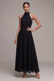Halter A Line Chiffon Open Back Long Black Tie Dress