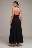 Halter A Line Chiffon Open Back Long Black Tie Dress