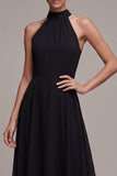 Halter A Line Chiffon Open Back Long Black Tie Dress