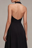 Halter A Line Chiffon Open Back Long Black Tie Dress