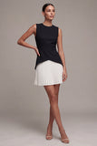 Black and White A Line Pleated Round Neck Cocktail Dress
