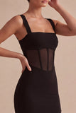 Bodycon Sheer Corset Square Neck Little Black Dress