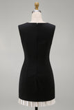 Black Bodycon Pleated Boat Neck Mini Cocktail Dress