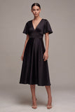 Black A Line V-Neck Semi Formal Dress with Short Sleeves