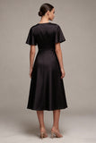 Black A Line V-Neck Semi Formal Dress with Short Sleeves