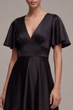 Black A Line V-Neck Semi Formal Dress with Short Sleeves