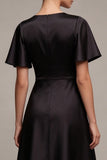 Black A Line V-Neck Semi Formal Dress with Short Sleeves