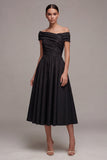 Black A Line Off the Shoulder Ruched Midi Dress