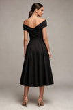 Black A Line Off the Shoulder Ruched Midi Dress