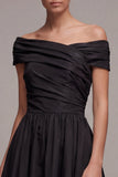 Black A Line Off the Shoulder Ruched Midi Dress