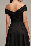 Black A Line Off the Shoulder Ruched Midi Dress