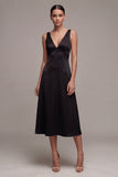 Black A Line Satin V-Neck Simple Midi Cocktail Dress
