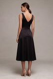 Black A Line Satin V-Neck Simple Midi Cocktail Dress