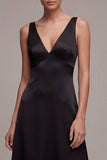 Black A Line Satin V-Neck Simple Midi Cocktail Dress