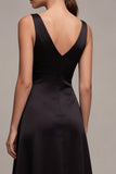 Black A Line Satin V-Neck Simple Midi Cocktail Dress