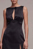 Black Bodycon Cut Out Boat Neck Cocktail Dress with Slit
