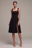 Black A Line Square Neck Midi Cocktail Dress with Slit