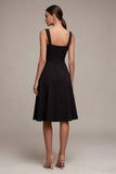Black A Line Square Neck Midi Cocktail Dress with Slit