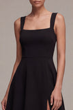 Black A Line Square Neck Midi Cocktail Dress with Slit