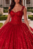Red Ball Gown Corset Sequin Quinceanera Dress
