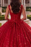 Red Ball Gown Corset Sequin Quinceanera Dress