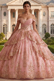 Off the Shoulder Pink Ruffled Ball Gown Quinceanera Dress with Sequins
