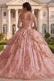 Off the Shoulder Pink Ruffled Ball Gown Quinceanera Dress with Sequins