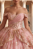 Off the Shoulder Pink Ruffled Ball Gown Quinceanera Dress with Sequins