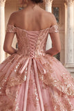 Off the Shoulder Pink Ruffled Ball Gown Quinceanera Dress with Sequins