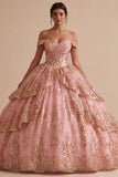 Off the Shoulder Pink Ruffled Ball Gown Quinceanera Dress with Sequins