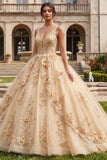 Champagne Ball Gown Appliqued V Neck Quinceanera Dress