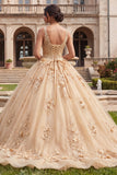 Champagne Ball Gown Appliqued V Neck Quinceanera Dress