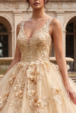 Champagne Ball Gown Appliqued V Neck Quinceanera Dress