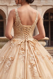 Champagne Ball Gown Appliqued V Neck Quinceanera Dress