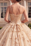Champagne Ball Gown Corset Lace Up Back Quinceanera Dress with 3D Flowers